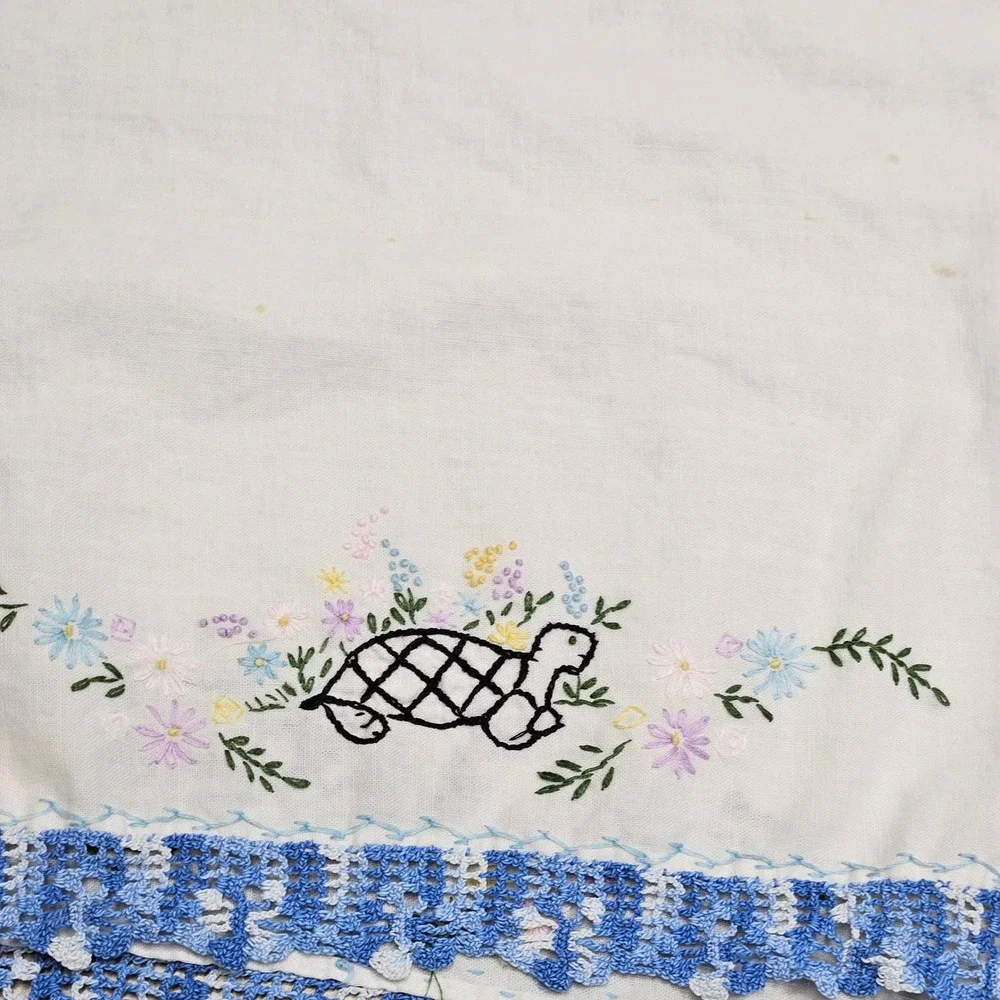 Embroidered Cotton Hand Towels Set of 2 Turtle Humpty Dumpty Pink Blue Lace Trim